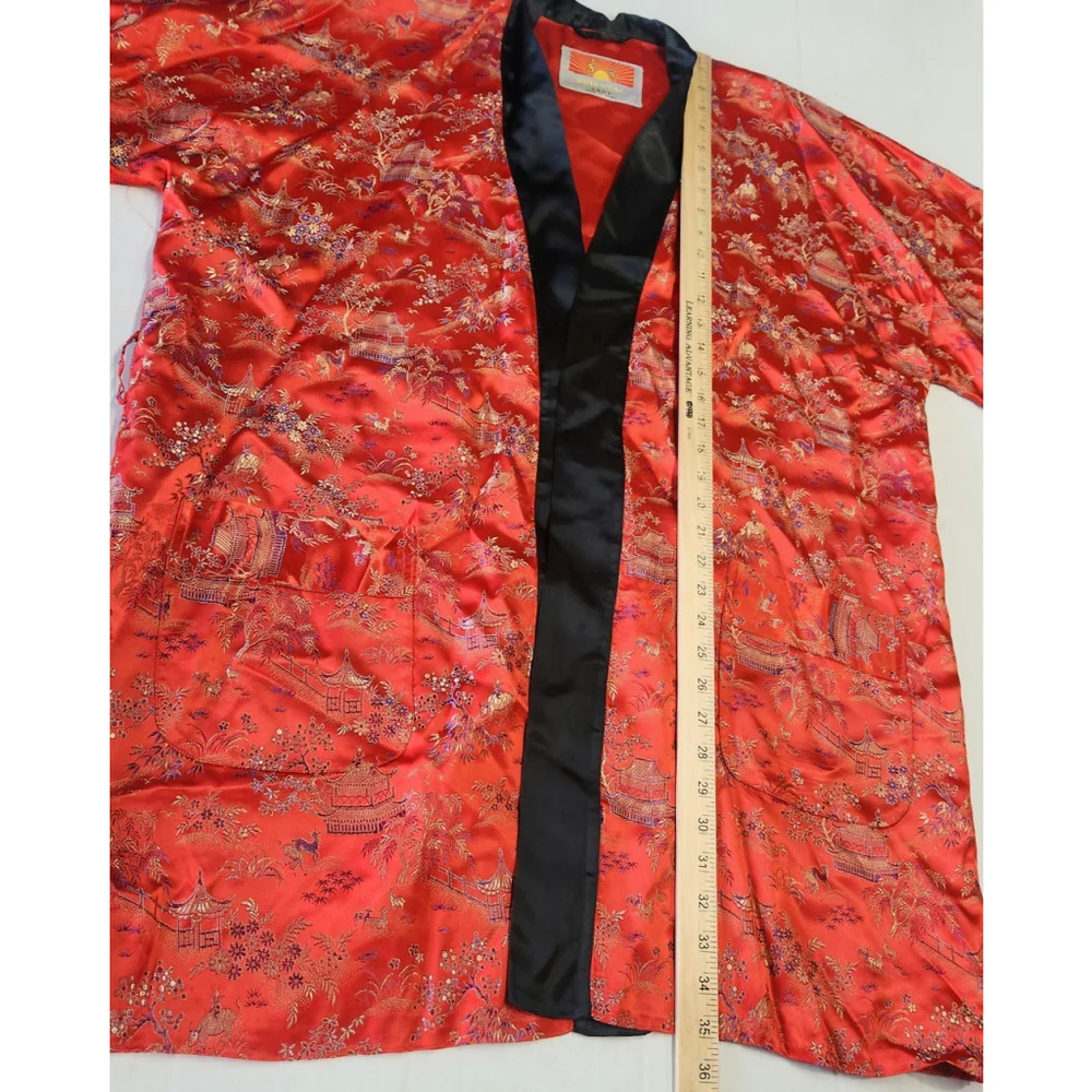 Vintage Oriental Kimono Robe L Red Black Satin Asian Print Lounge Duster Boho - Picture 7 of 9